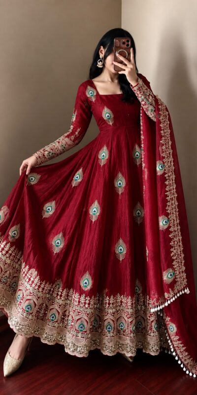 SRK 5372 Maroon Fendy Silk Gown with Embroidery Work & Sequins Work. Special Price ₹2799. Delivery 4-6 Working Days. Shop now. | Gowns, Bollywood Gowns, Creative Gowns, Designer Gowns, Embroidered Gowns, Party Wear Gowns