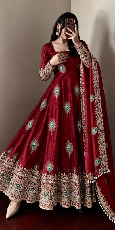SRK 5372 Maroon Fendy Silk Gown with Embroidery Work & Sequins Work. Special Price ₹2799. Delivery 4-6 Working Days. Shop now. | Gowns, Bollywood Gowns, Creative Gowns, Designer Gowns, Embroidered Gowns, Party Wear Gowns