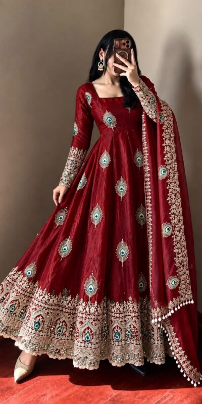 SRK 5372 Maroon Fendy Silk Gown with Embroidery Work & Sequins Work. Special Price ₹2799. Delivery 4-6 Working Days. Shop now. | Gowns, Bollywood Gowns, Creative Gowns, Designer Gowns, Embroidered Gowns, Party Wear Gowns