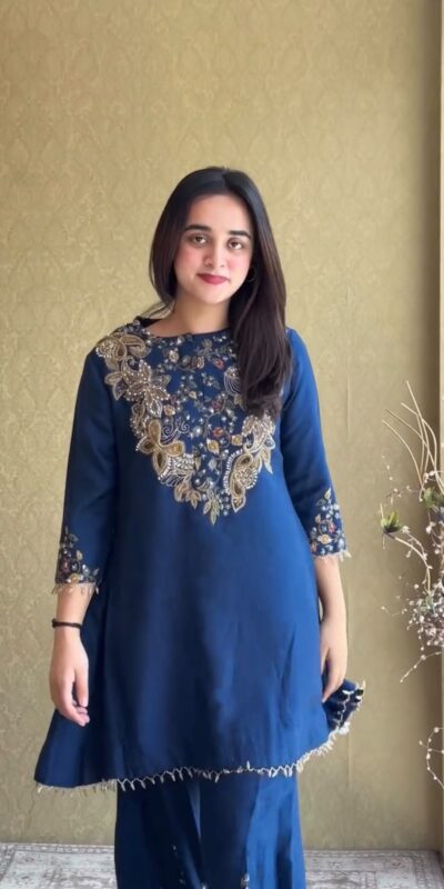 ST 1206 Navy Blue Malay Crepe Kurti with Embroidery Work & Bead Work. Available at ₹2199 only. Delivery 4-6 Working Days. Shop now. | Kurti, Bollywood Kurti, Creative Kurtis, Designer Kurti, Party Wear Kurti, Selfie Kurti