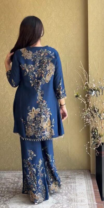 ST 1206 Navy Blue Malay Crepe Kurti with Embroidery Work & Bead Work. Available at ₹2199 only. Delivery 4-6 Working Days. Shop now. | Kurti, Bollywood Kurti, Creative Kurtis, Designer Kurti, Party Wear Kurti, Selfie Kurti