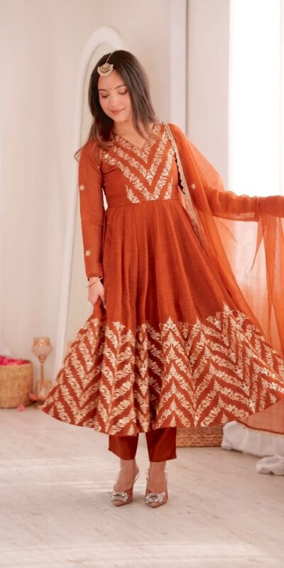 JF 050 Orange Embroidery Work & Sequins Work Salwar Suit in Peach Crunchy Silk. Festive Deal ₹2099. Delivery 4-6 Working Days. Shop now. | Anarkali Suits, Bollywood Anarkali, Creative-Anarkali, Designer Anarkali, Embroidered Anarkali, Party Wear Anarkali
