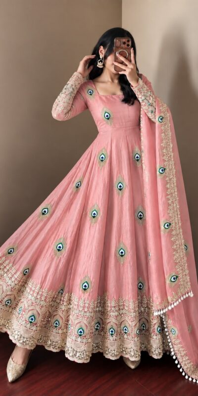 SRK 5372 Peach Fendy Silk Gown with Embroidery Work & Sequins Work. Special Price ₹2799. Delivery 4-6 Working Days. Shop now. | Gowns, Bollywood Gowns, Creative Gowns, Designer Gowns, Embroidered Gowns, Party Wear Gowns