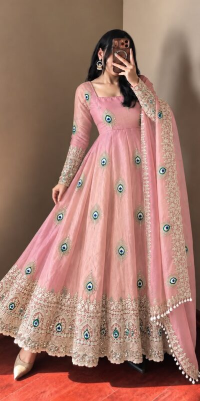 SRK 5372 Peach Fendy Silk Gown with Embroidery Work & Sequins Work. Special Price ₹2799. Delivery 4-6 Working Days. Shop now. | Gowns, Bollywood Gowns, Creative Gowns, Designer Gowns, Embroidered Gowns, Party Wear Gowns