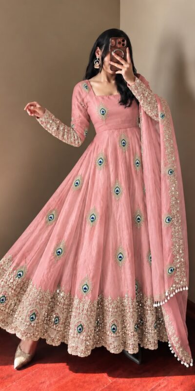 SRK 5372 Peach Fendy Silk Gown with Embroidery Work & Sequins Work. Special Price ₹2799. Delivery 4-6 Working Days. Shop now. | Gowns, Bollywood Gowns, Creative Gowns, Designer Gowns, Embroidered Gowns, Party Wear Gowns
