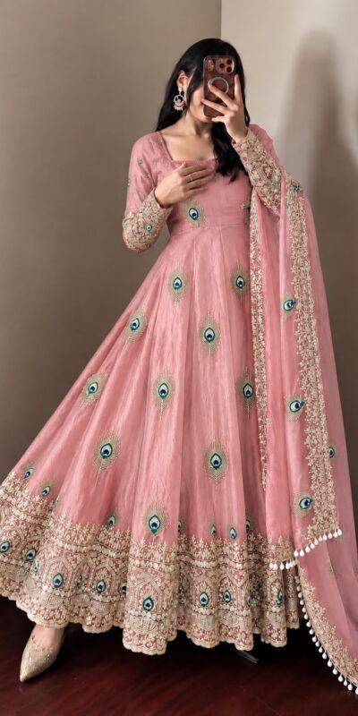 SRK 5372 Peach Fendy Silk Gown with Embroidery Work & Sequins Work. Special Price ₹2799. Delivery 4-6 Working Days. Shop now. | Gowns, Bollywood Gowns, Creative Gowns, Designer Gowns, Embroidered Gowns, Party Wear Gowns