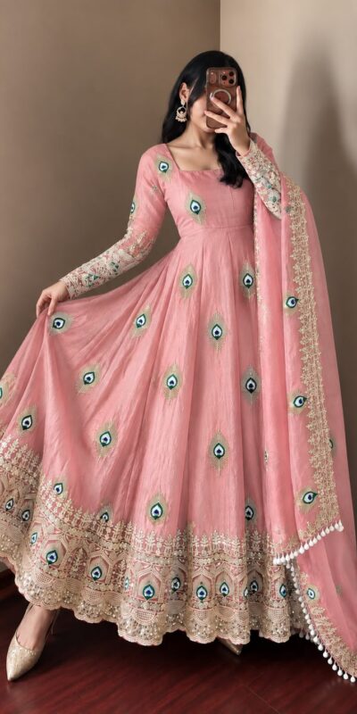 SRK 5372 Peach Fendy Silk Gown with Embroidery Work & Sequins Work. Special Price ₹2799. Delivery 4-6 Working Days. Shop now. | Gowns, Bollywood Gowns, Creative Gowns, Designer Gowns, Embroidered Gowns, Party Wear Gowns