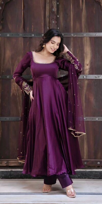 SRK 5373 Purple Upada Silk Gown Perfect for Wedding, Party, Onam, Housewarming, Durga Puja –. Grab it for ₹2199. Delivery 4-6 Working Days. Shop now. | Gowns, Bollywood Gowns, Creative Gowns, Designer Gowns, Embroidered Gowns, Party Wear Gowns