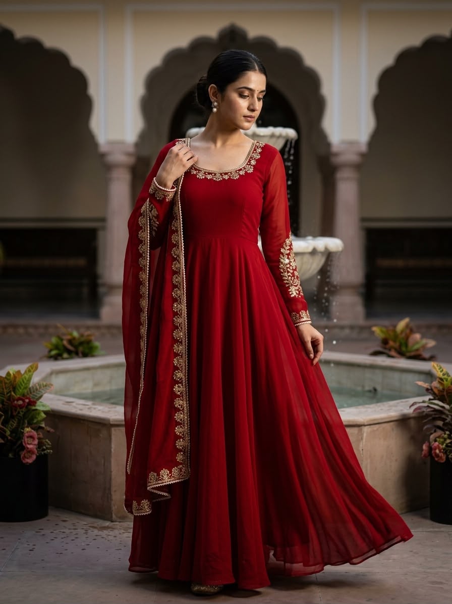ZSR 3191 Red Faux Georgette Gown with Mirror Work & Embroidery Work. Get it for ₹2399. Delivery 4-6 Working Days. Online Shop now. | Gowns, Bollywood Gowns, Creative Gowns, Designer Gowns, Embroidered Gowns, Party Wear Gowns