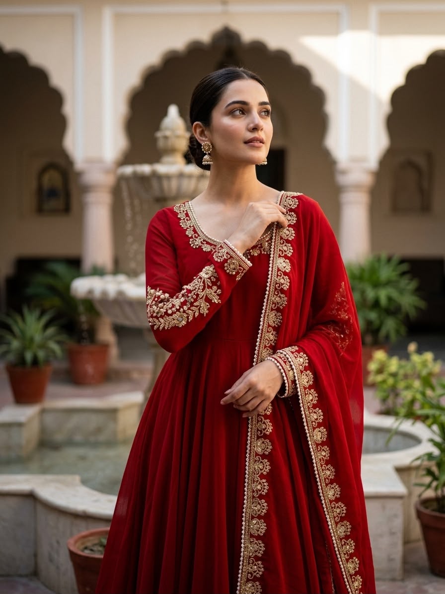 ZSR 3191 Red Faux Georgette Gown with Mirror Work & Embroidery Work. Get it for ₹2399. Delivery 4-6 Working Days. Online Shop now. | Gowns, Bollywood Gowns, Creative Gowns, Designer Gowns, Embroidered Gowns, Party Wear Gowns
