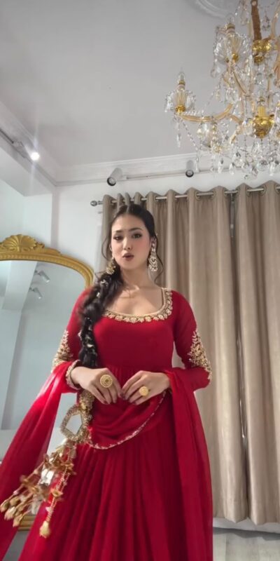 ZSR 3191 Red Faux Georgette Gown with Mirror Work & Embroidery Work. Get it for ₹2399. Delivery 4-6 Working Days. Online Shop now. | Gowns, Bollywood Gowns, Creative Gowns, Designer Gowns, Embroidered Gowns, Party Wear Gowns