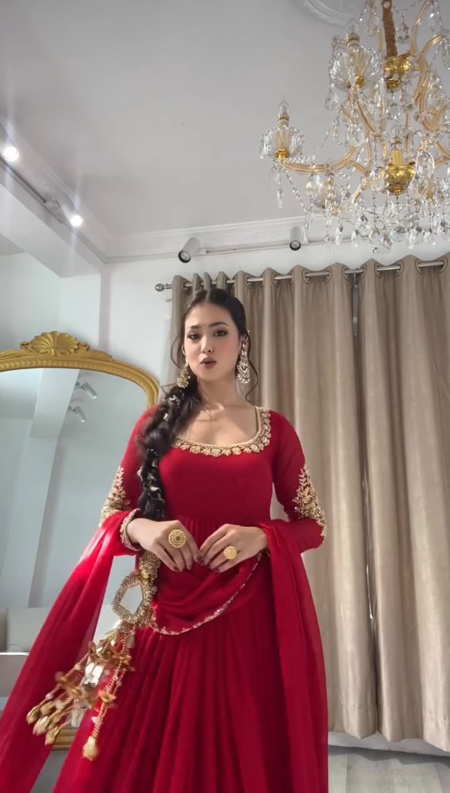 ZSR 3191 Red Faux Georgette Gown with Mirror Work & Embroidery Work. Get it for ₹2399. Delivery 4-6 Working Days. Online Shop now. | Gowns, Bollywood Gowns, Creative Gowns, Designer Gowns, Embroidered Gowns, Party Wear Gowns