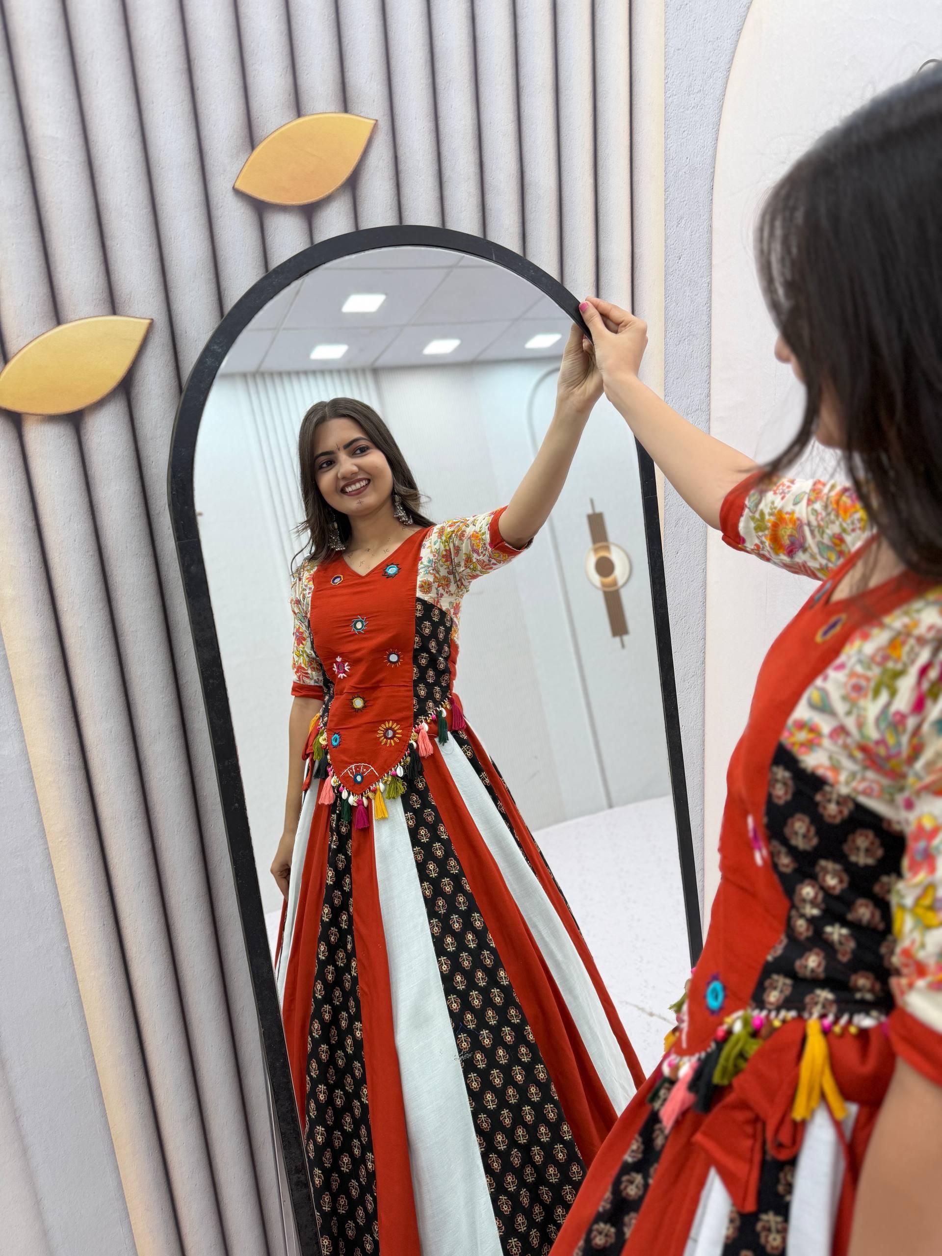 PC 587 Red in Pure Cotton Mirror Work & Gamthi Work Lehenga Choli . Exclusive Offer ₹3049. Delivery 4-6 Working Days. Shop now. | Lehenga, Bollywood Lehenga, Creative Lehenga, Designer Lehenga, Embroidered Lehenga, Party Wear Lehenga