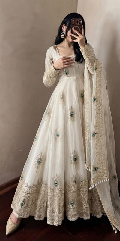 SRK 5372 White Fendy Silk Gown with Embroidery Work & Sequins Work. Special Price ₹2799. Delivery 4-6 Working Days. Shop now. | Gowns, Bollywood Gowns, Creative Gowns, Designer Gowns, Embroidered Gowns, Party Wear Gowns