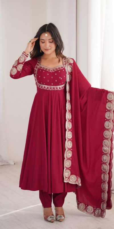 ZF 5026  Maroon Colour Roman Silk Salwar Suit with Embroidery Work. Best Price ₹2399. Delivery 4-6 Working Days. Online Shop now. | Anarkali Suits, Bollywood Anarkali, Creative-Anarkali, Designer Anarkali, Embroidered Anarkali, Party Wear Anarkali