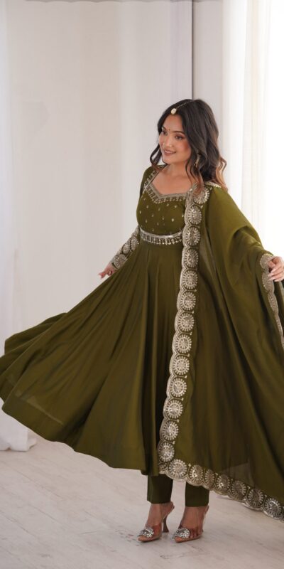 ZF 5026  Mehendi Colour Roman Silk Salwar Suit with Embroidery Work. Best Price ₹2399. Delivery 4-6 Working Days. Online Shop now. | Anarkali Suits, Bollywood Anarkali, Creative-Anarkali, Designer Anarkali, Embroidered Anarkali, Party Wear Anarkali