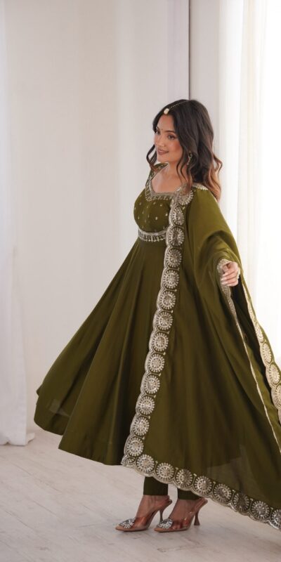 ZF 5026  Mehendi Colour Roman Silk Salwar Suit with Embroidery Work. Best Price ₹2399. Delivery 4-6 Working Days. Online Shop now. | Anarkali Suits, Bollywood Anarkali, Creative-Anarkali, Designer Anarkali, Embroidered Anarkali, Party Wear Anarkali