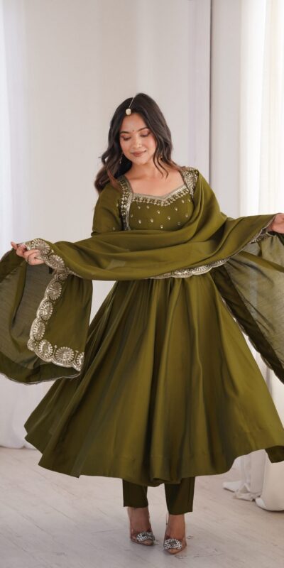 ZF 5026  Mehendi Colour Roman Silk Salwar Suit with Embroidery Work. Best Price ₹2399. Delivery 4-6 Working Days. Online Shop now. | Anarkali Suits, Bollywood Anarkali, Creative-Anarkali, Designer Anarkali, Embroidered Anarkali, Party Wear Anarkali