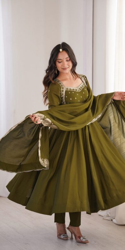 ZF 5026  Mehendi Colour Roman Silk Salwar Suit with Embroidery Work. Best Price ₹2399. Delivery 4-6 Working Days. Online Shop now. | Anarkali Suits, Bollywood Anarkali, Creative-Anarkali, Designer Anarkali, Embroidered Anarkali, Party Wear Anarkali