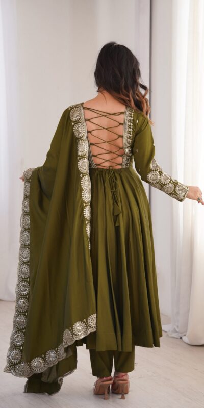 ZF 5026  Mehendi Colour Roman Silk Salwar Suit with Embroidery Work. Best Price ₹2399. Delivery 4-6 Working Days. Online Shop now. | Anarkali Suits, Bollywood Anarkali, Creative-Anarkali, Designer Anarkali, Embroidered Anarkali, Party Wear Anarkali