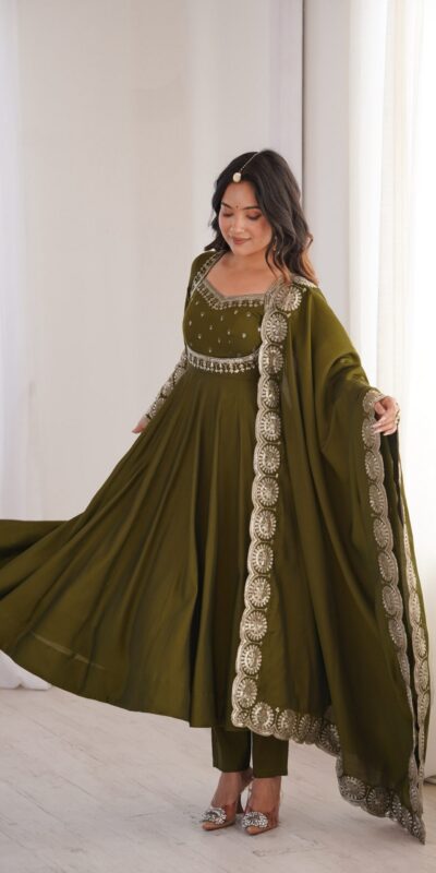 ZF 5026 Mehendi Colour Roman Silk Salwar Suit with Embroidery Work. Best Price ₹2399. Delivery 4-6 Working Days. Online Shop now. | Anarkali Suits, Bollywood Anarkali, Creative-Anarkali, Designer Anarkali, Embroidered Anarkali, Party Wear Anarkali