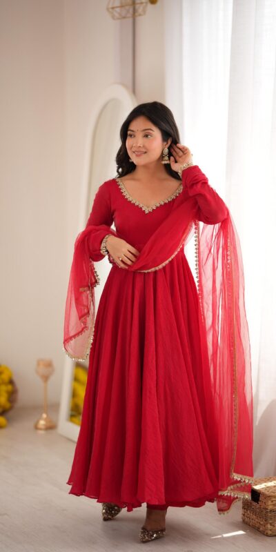 SRK 5355 Red Doremon Crush Gown with Lace Work & Mirror Work. Exclusive Offer ₹2099. Delivery 4-6 Working Days. Shop now. | Gowns, Bollywood Gowns, Creative Gowns, Designer Gowns, Embroidered Gowns, Party Wear Gowns
