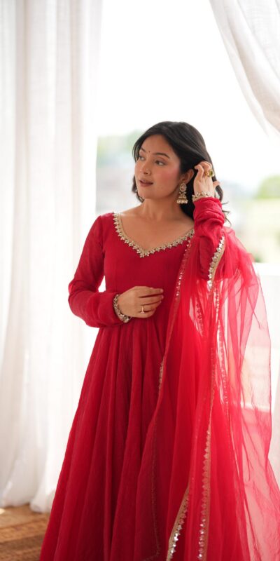 SRK 5355 Red Doremon Crush Gown with Lace Work & Mirror Work. Exclusive Offer ₹2099. Delivery 4-6 Working Days. Shop now. | Gowns, Bollywood Gowns, Creative Gowns, Designer Gowns, Embroidered Gowns, Party Wear Gowns