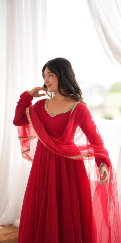 SRK 5355 Red Doremon Crush Gown with Lace Work & Mirror Work. Exclusive Offer ₹2099. Delivery 4-6 Working Days. Shop now. | Gowns, Bollywood Gowns, Creative Gowns, Designer Gowns, Embroidered Gowns, Party Wear Gowns
