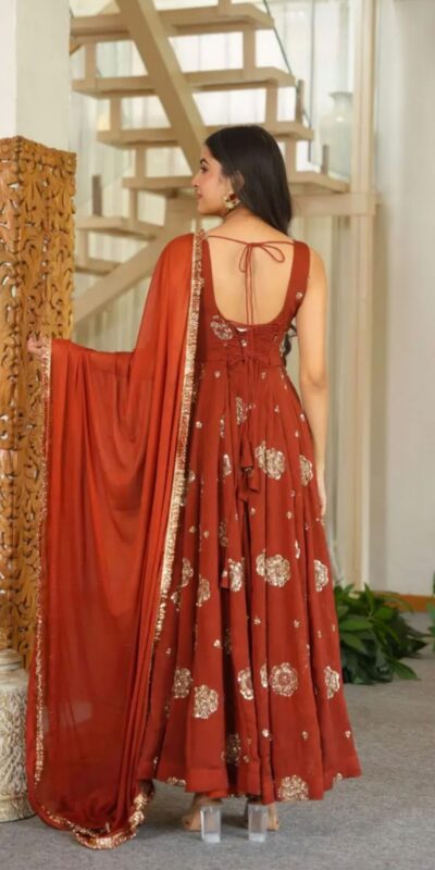 ZSR 3189 Rust Doremon Crush Gown with Lace Work & Mirror Work. Exclusive Offer ₹2399. Delivery 4-6 Working Days. Shop now. | Gowns, Bollywood Gowns, Creative Gowns, Designer Gowns, Embroidered Gowns, Party Wear Gowns