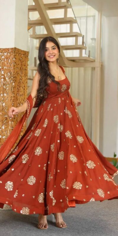 ZSR 3189 Rust Doremon Crush Gown with Lace Work & Mirror Work. Exclusive Offer ₹2399. Delivery 4-6 Working Days. Shop now. | Gowns, Bollywood Gowns, Creative Gowns, Designer Gowns, Embroidered Gowns, Party Wear Gowns