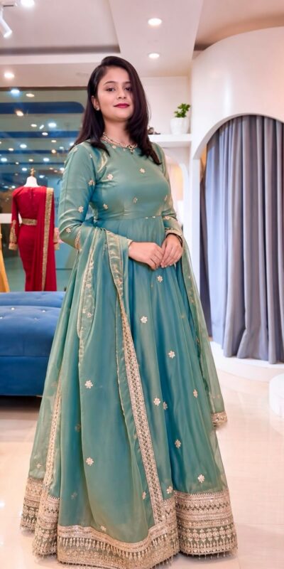 SSR 553 Teal Fendy Silk Gown with Sequins Work & Thread Embroidery. Now at just ₹2399. Delivery 4-6 Working Days. Shop now. | Gowns, Bollywood Gowns, Creative Gowns, Designer Gowns, Embroidered Gowns, Party Wear Gowns