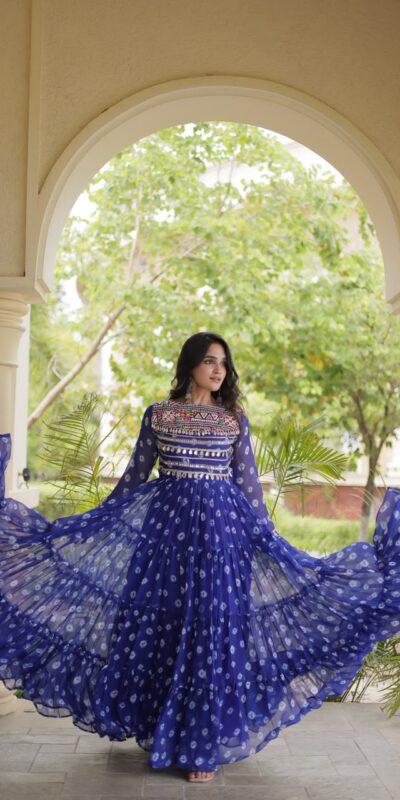 KA 1277 Blue in Colour Faux Georgette Bandhani Print Work Gown. Available at ₹2119 only. Delivery 4-6 Working Days. Shop now. | Gowns, Bollywood Gowns, Creative Gowns, Designer Gowns, Embroidered Gowns, Party Wear Gowns