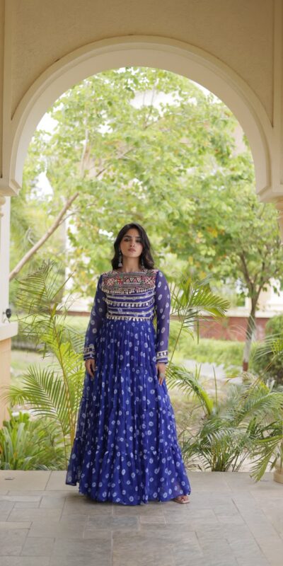 KA 1277 Blue in Colour Faux Georgette Bandhani Print Work Gown. Available at ₹2119 only. Delivery 4-6 Working Days. Shop now. | Gowns, Bollywood Gowns, Creative Gowns, Designer Gowns, Embroidered Gowns, Party Wear Gowns