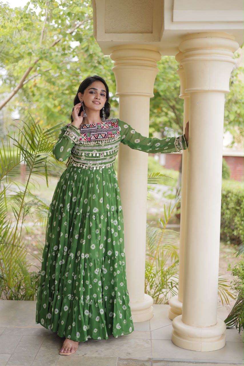 KA 1277 Green in Colour Faux Georgette Bandhani Print Work Gown. Available at ₹2119 only. Delivery 4-6 Working Days. Shop now. | Gowns, Bollywood Gowns, Creative Gowns, Designer Gowns, Embroidered Gowns, Party Wear Gowns
