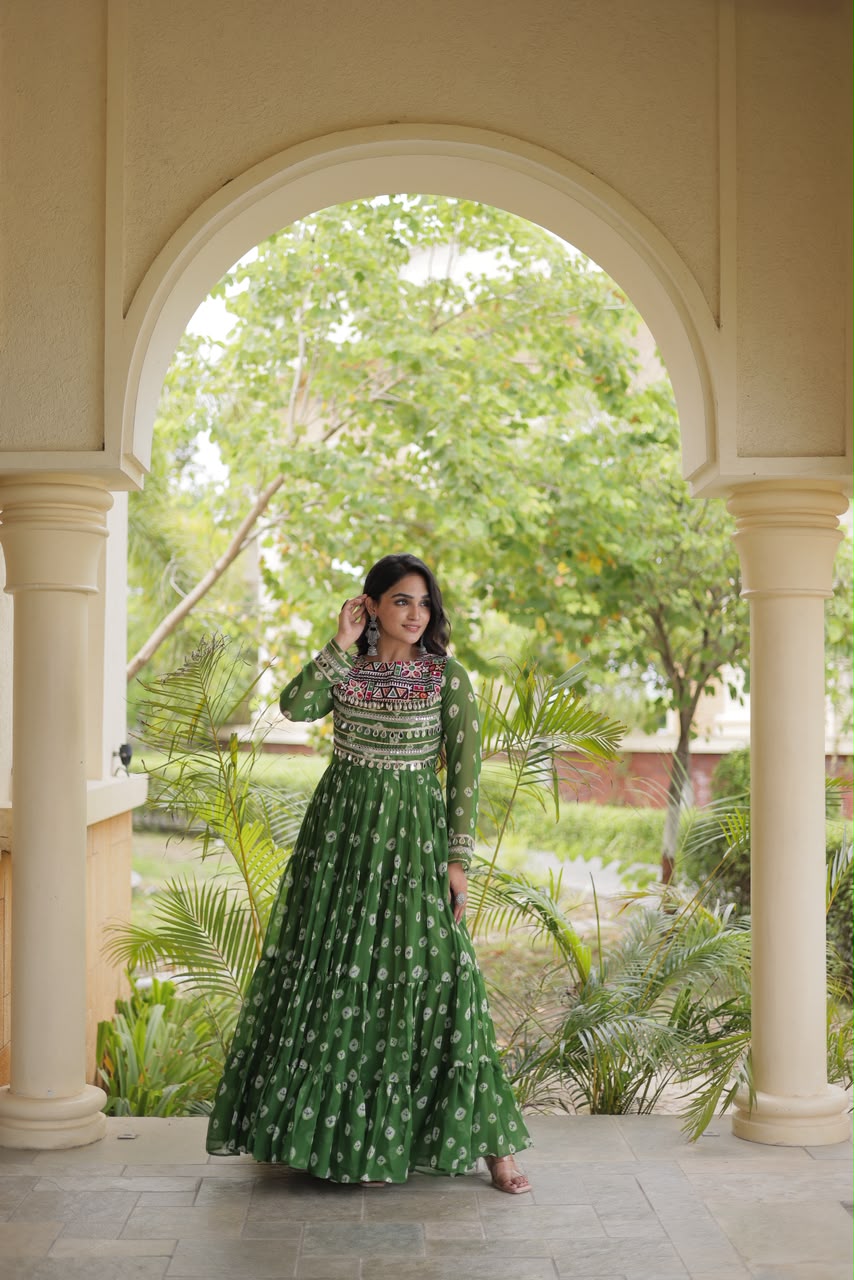 KA 1277 Green in Colour Faux Georgette Bandhani Print Work Gown. Available at ₹2119 only. Delivery 4-6 Working Days. Shop now. | Gowns, Bollywood Gowns, Creative Gowns, Designer Gowns, Embroidered Gowns, Party Wear Gowns