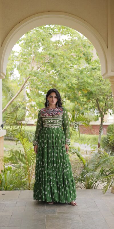 KA 1277 Green in Colour Faux Georgette Bandhani Print Work Gown. Available at ₹2119 only. Delivery 4-6 Working Days. Shop now. | Gowns, Bollywood Gowns, Creative Gowns, Designer Gowns, Embroidered Gowns, Party Wear Gowns