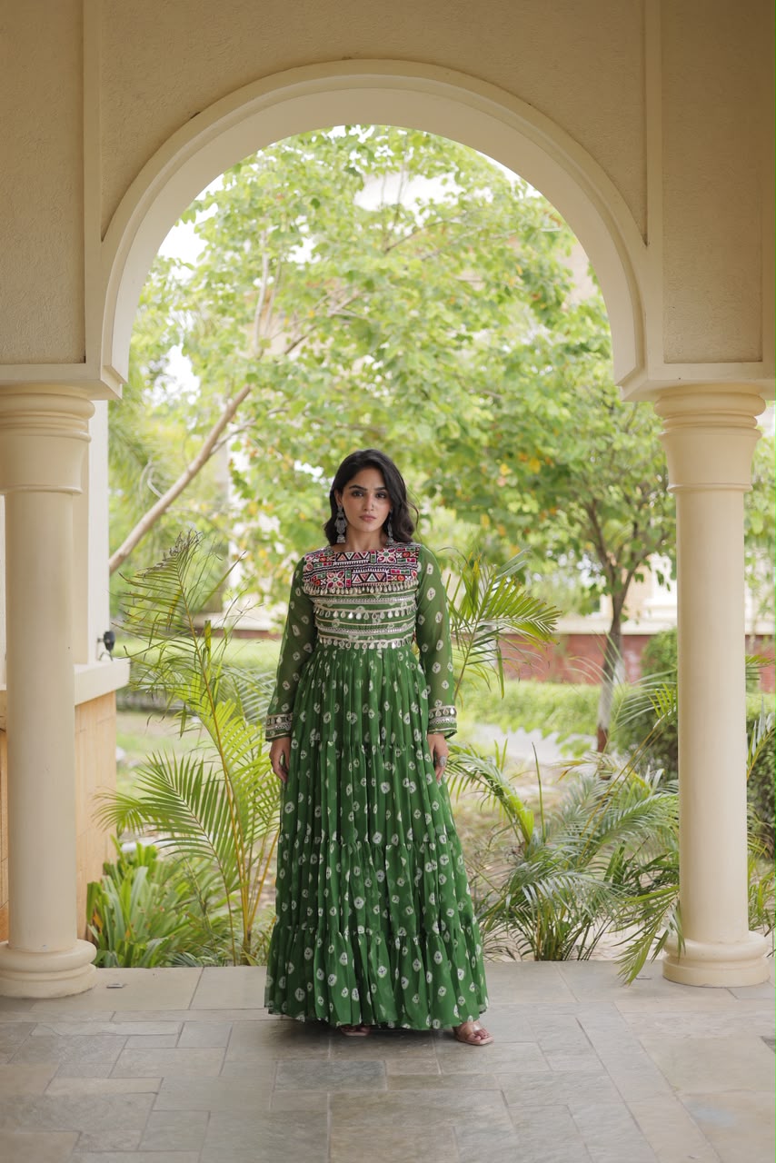 KA 1277 Green in Colour Faux Georgette Bandhani Print Work Gown. Available at ₹2119 only. Delivery 4-6 Working Days. Shop now. | Gowns, Bollywood Gowns, Creative Gowns, Designer Gowns, Embroidered Gowns, Party Wear Gowns