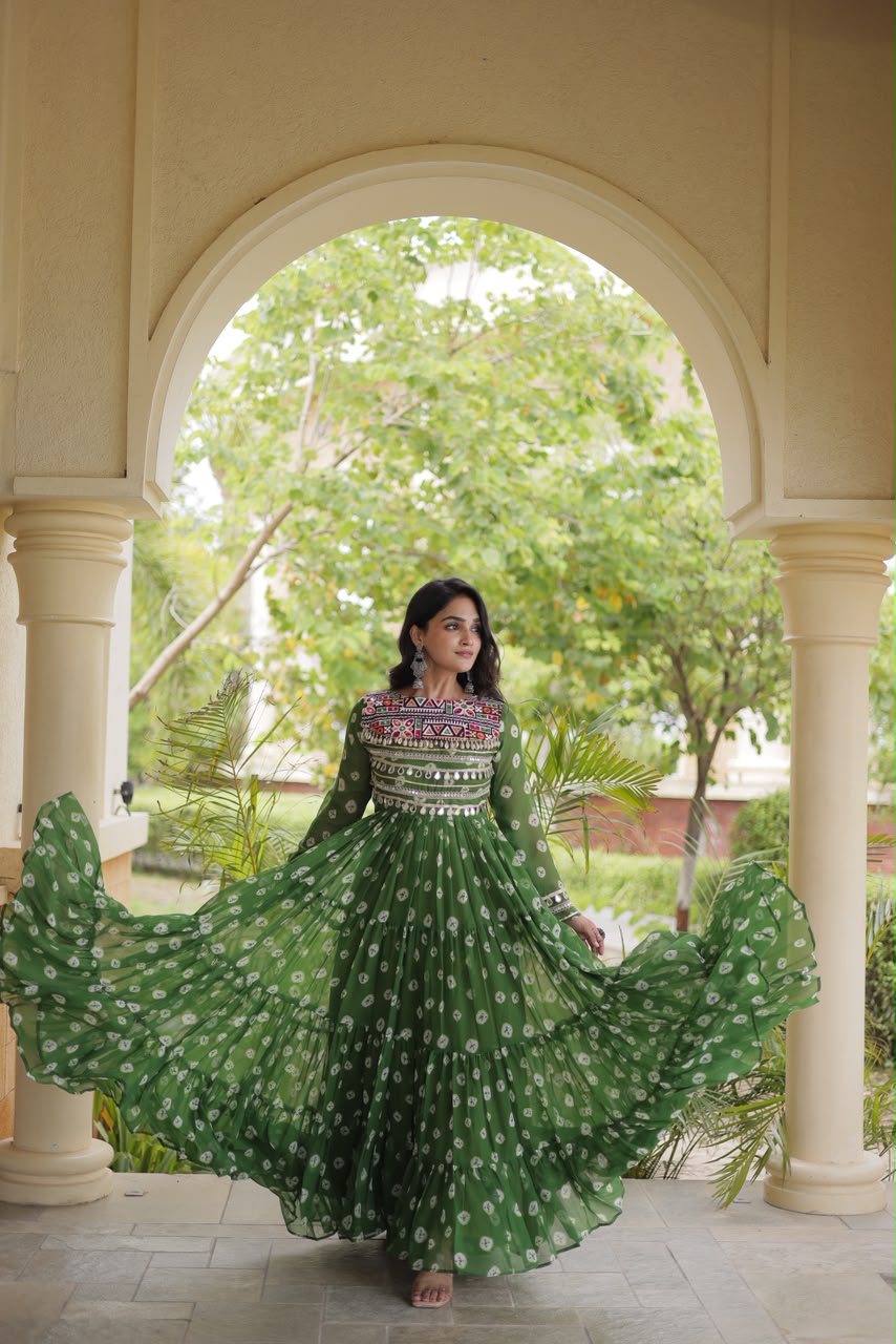 KA 1277 Green in Colour Faux Georgette Bandhani Print Work Gown. Available at ₹2119 only. Delivery 4-6 Working Days. Shop now. | Gowns, Bollywood Gowns, Creative Gowns, Designer Gowns, Embroidered Gowns, Party Wear Gowns