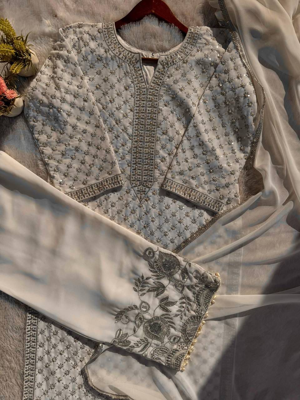 LG 1922 Cream Faux Georgette Salwar Suit with Mirror Work & Embroidery Work. Get it for ₹2399. Delivery 4-6 Working Days. Shop now. | Jump Suits, Salwar suit, Casual Suits, Creative suits, Designer Suits, Palazzo Suits, Party Wear Suits, Patiala Suits, Straight Suits