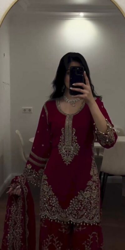 ZSR 3187 Maroon Faux Georgette Salwar Suit with Mirror Work & Embroidery Work. Get it for ₹2349. Delivery 4-6 Working Days. Shop now. | Jump Suits, Salwar suit, Casual Suits, Creative suits, Designer Suits, Palazzo Suits, Party Wear Suits, Patiala Suits, Straight Suits