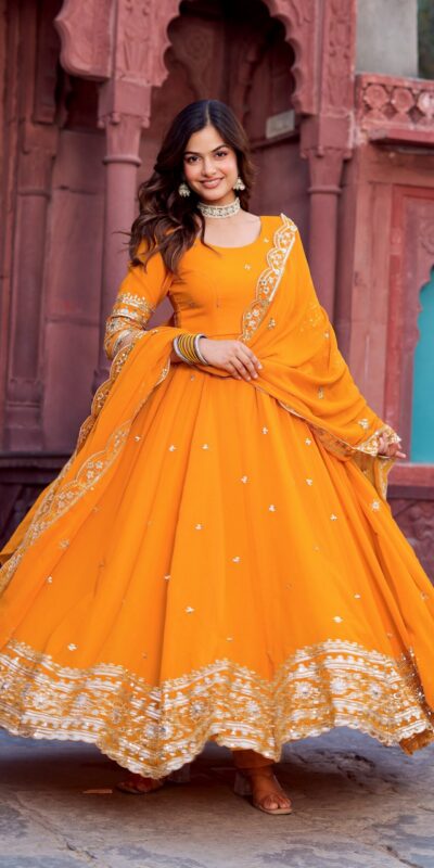 SP 23 Yellow Faux Georgette Gown with Mirror Work & Embroidery Work. Get it for ₹2299. Delivery 4-6 Working Days. Online Shop now. | Gowns, Bollywood Gowns, Creative Gowns, Designer Gowns, Embroidered Gowns, Party Wear Gowns