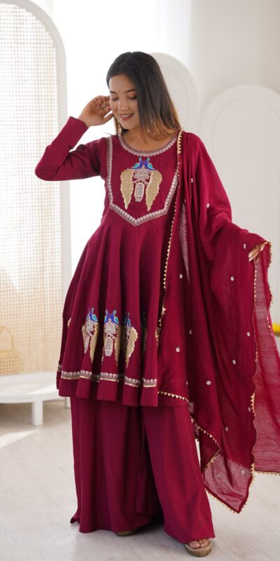 NSR 916 Maroon Roman Silk Salwar Suit with Sequins Work & Embroidery Work. Available at ₹2399 only. Delivery 4-6 Working Days. Shop now. | Jump Suits, Salwar suit, Casual Suits, Creative suits, Designer Suits, Palazzo Suits, Party Wear Suits, Patiala Suits, Straight Suits