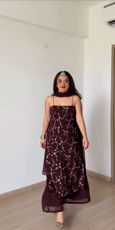 RTC 6067 Brown Faux Georgette Salwar Suit with Mirror Work & Embroidery Work. Get it for ₹2049. Delivery 4-6 Working Days. Shop now. | Jump Suits, Salwar suit, Casual Suits, Creative suits, Designer Suits, Palazzo Suits, Party Wear Suits, Patiala Suits, Straight Suits