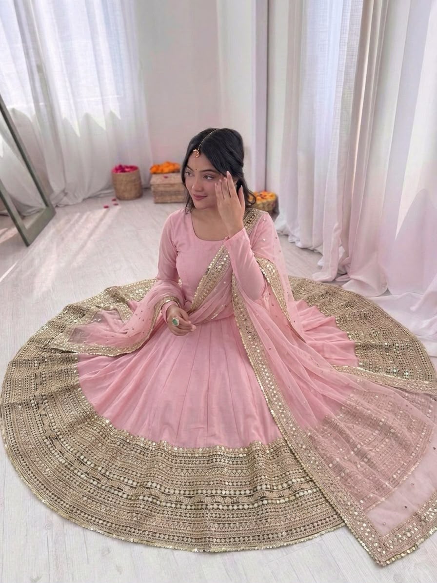 ZSR 3152 Pink Color Roman silk Gown with Embroidery Work & Lace Work. Grab it for ₹2599. Delivery 4-6 Working Days. Shop now. | Gowns, Bollywood Gowns, Creative Gowns, Designer Gowns, Embroidered Gowns, Party Wear Gowns