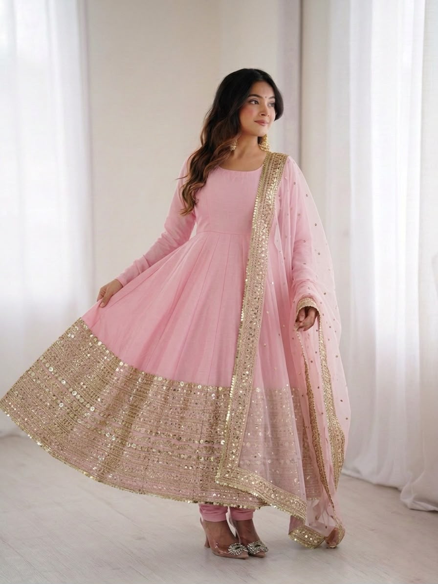 ZSR 3152 Pink Color Roman silk Gown with Embroidery Work & Lace Work. Grab it for ₹2599. Delivery 4-6 Working Days. Shop now. | Gowns, Bollywood Gowns, Creative Gowns, Designer Gowns, Embroidered Gowns, Party Wear Gowns