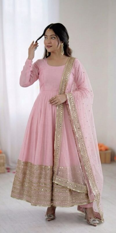 ZSR 3152 Pink Color Roman silk Gown with Embroidery Work & Lace Work. Grab it for ₹2599. Delivery 4-6 Working Days. Shop now. | Gowns, Bollywood Gowns, Creative Gowns, Designer Gowns, Embroidered Gowns, Party Wear Gowns