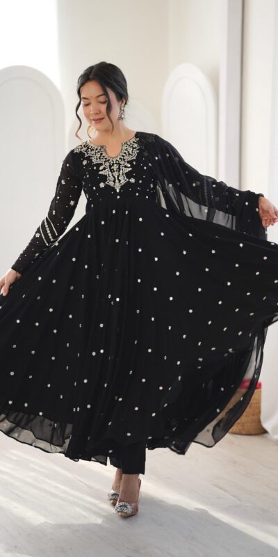 JF 056 Black Faux Georgette Salwar Suit with Mirror Work & Embroidery Work. Get it for ₹2349. Delivery 4-6 Working Days. Shop now. | Jump Suits, Salwar suit, Casual Suits, Creative suits, Designer Suits, Palazzo Suits, Party Wear Suits, Patiala Suits, Straight Suits