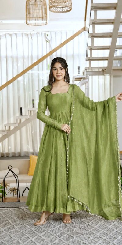 KD 1641 Green in Salsa Silk Embroidery Work & Sequins Work Gown . Get it for ₹2899. Delivery 4-6 Working Days. Online Shop now. | Gowns, Bollywood Gowns, Creative Gowns, Designer Gowns, Embroidered Gowns, Party Wear Gowns