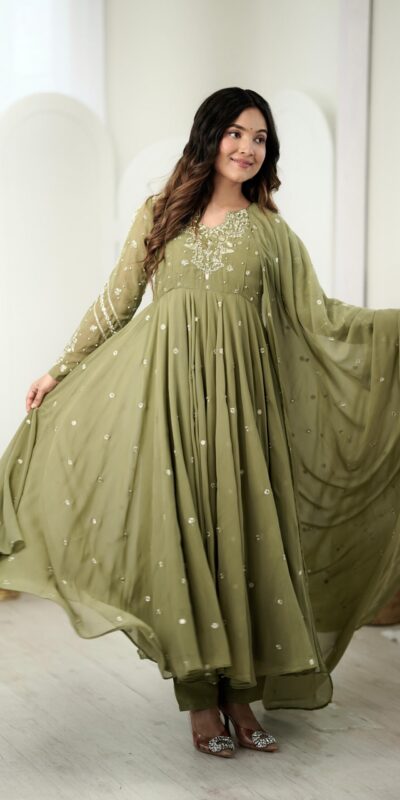JF 056 Sage Green Faux Georgette Salwar Suit with Mirror Work & Embroidery Work. Get it for ₹2349. Delivery 4-6 Working Days. Shop now. | Jump Suits, Salwar suit, Casual Suits, Creative suits, Designer Suits, Palazzo Suits, Party Wear Suits, Patiala Suits, Straight Suits