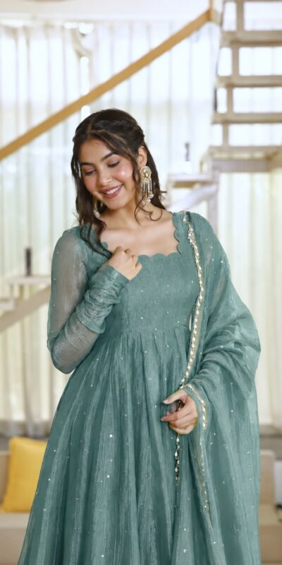 KD 1641 Teal in Salsa Silk Embroidery Work & Sequins Work Gown . Get it for ₹2899. Delivery 4-6 Working Days. Online Shop now. | Gowns, Bollywood Gowns, Creative Gowns, Designer Gowns, Embroidered Gowns, Party Wear Gowns